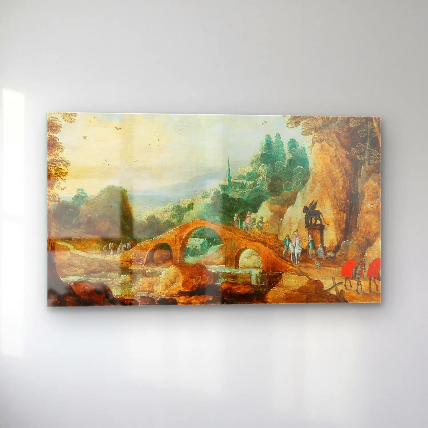 Joos de Momper – A rocky landscape with riders near a bridge cam tablo — sol açıdan görünüm