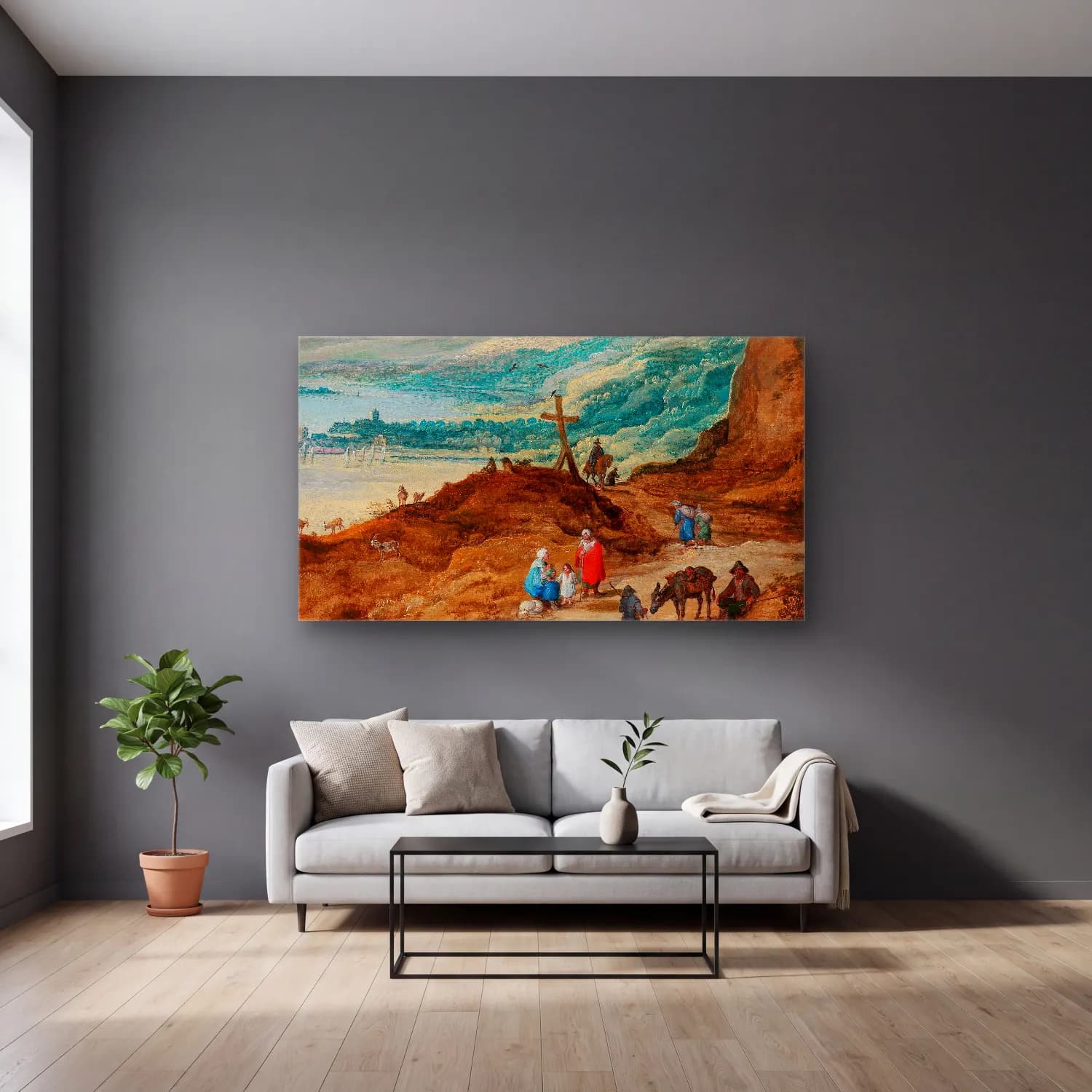 Joos de Momper – A wide mountainous landscape with travellers cam tablo — gri duvarlı salonda