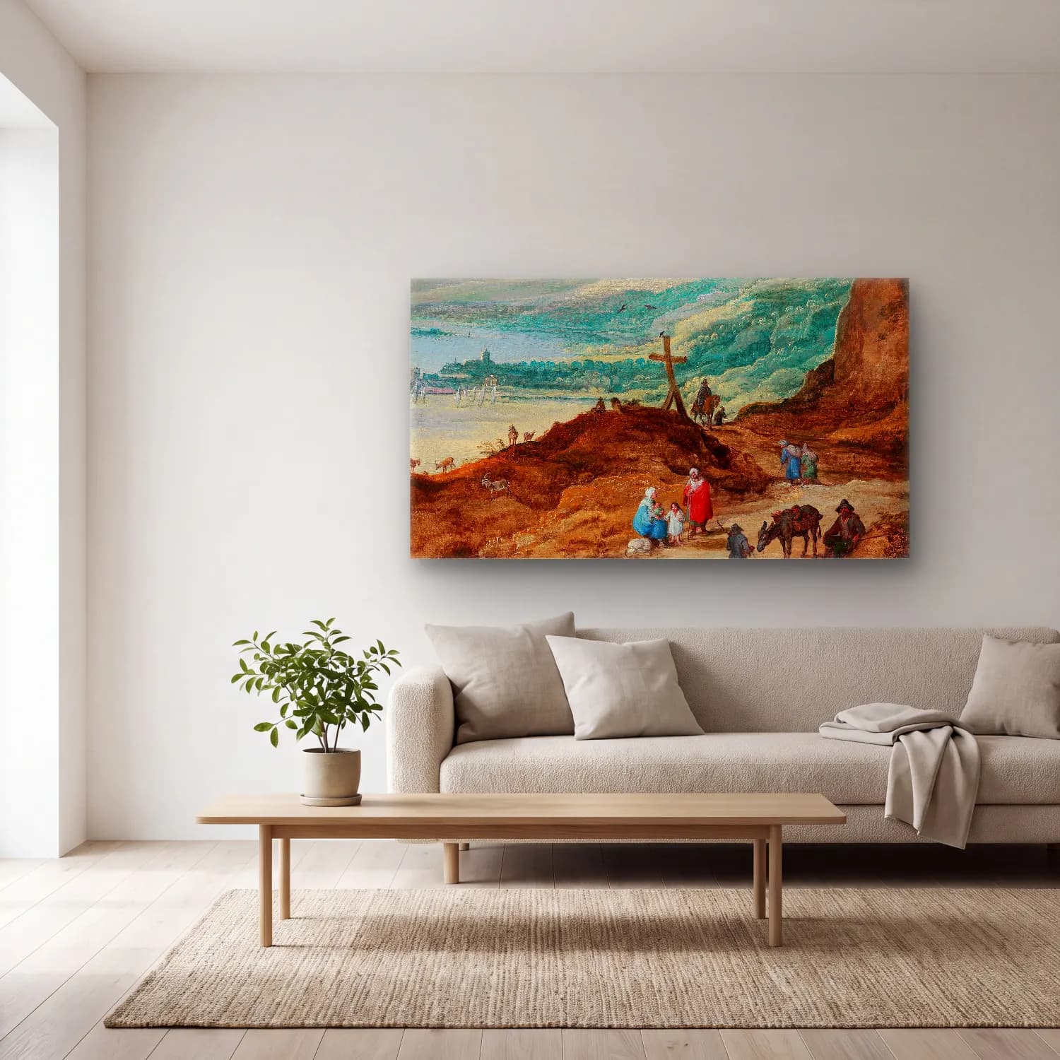 Joos de Momper – A wide mountainous landscape with travellers cam tablo — açık renk salonda