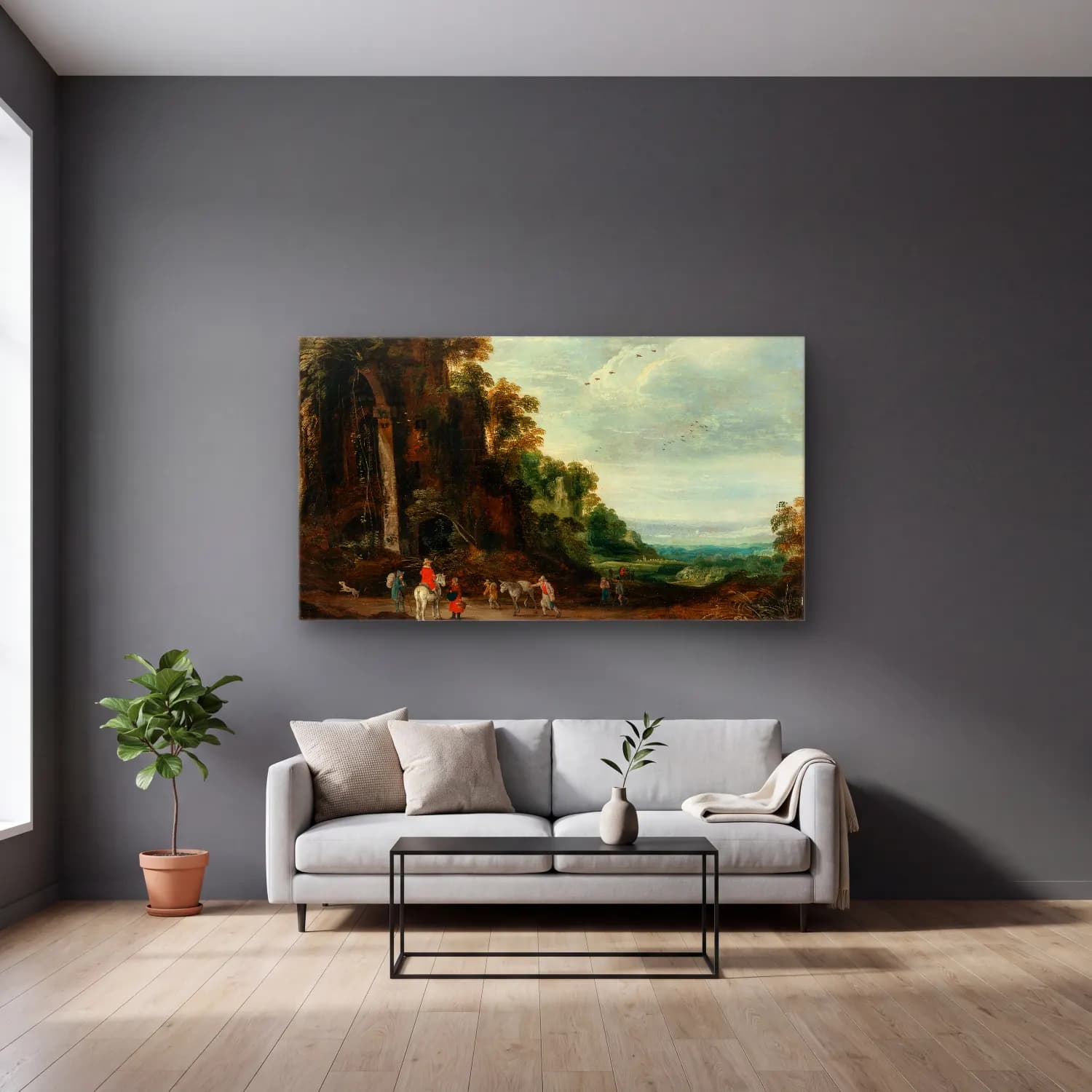 Joos de Momper – A wooded landscape with a rider conversing with peasants… cam tablo — gri duvarlı salonda