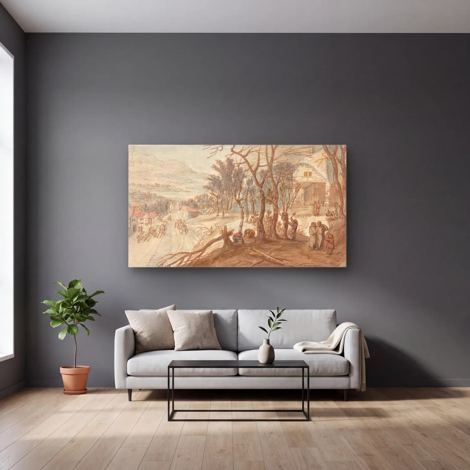 Joos de Momper – Allegory of the Months February and March cam tablo — gri duvarlı salonda