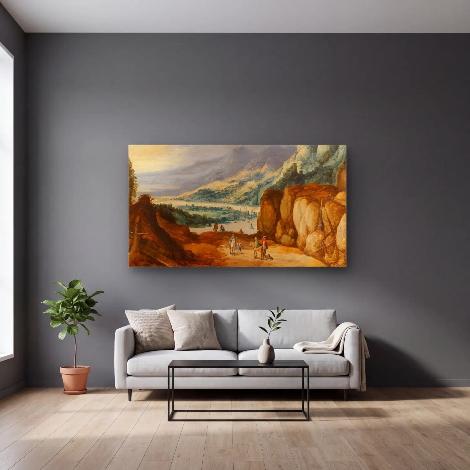 Joos de Momper – An Extensive Mountainous River Landscape With Horsemen… cam tablo — gri duvarlı salonda