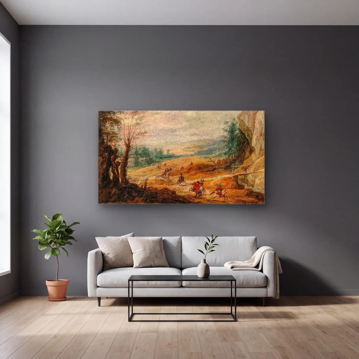Joos de Momper – An extensive mountainous landscape with horsemen chasing a… cam tablo — gri duvarlı salonda