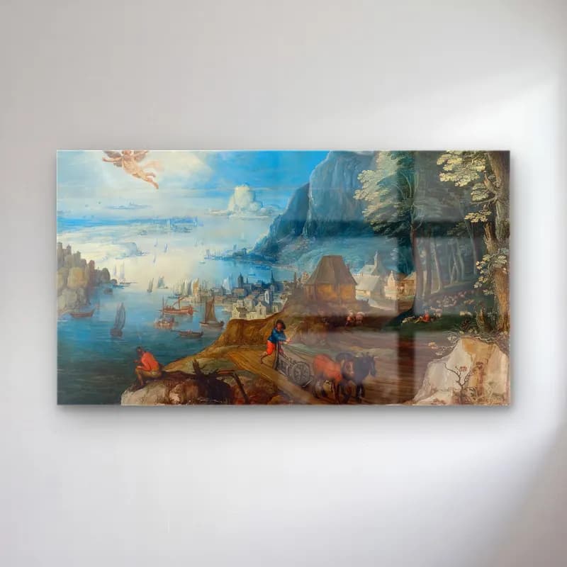 Joos de Momper – Landscape with the Fall of Icarus cam tablo — Joos de Momper – Landscape with the Fall of Icarus — yağlı boya mitolojik sahne