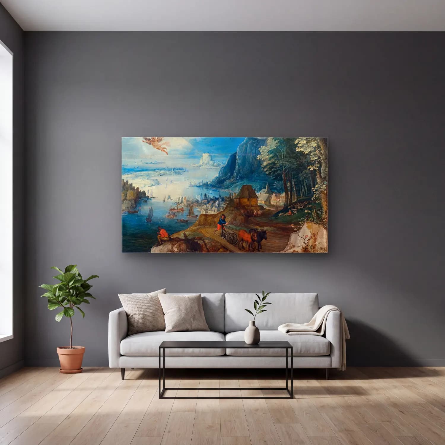 Joos de Momper – Landscape with the Fall of Icarus cam tablo — gri duvarlı salonda