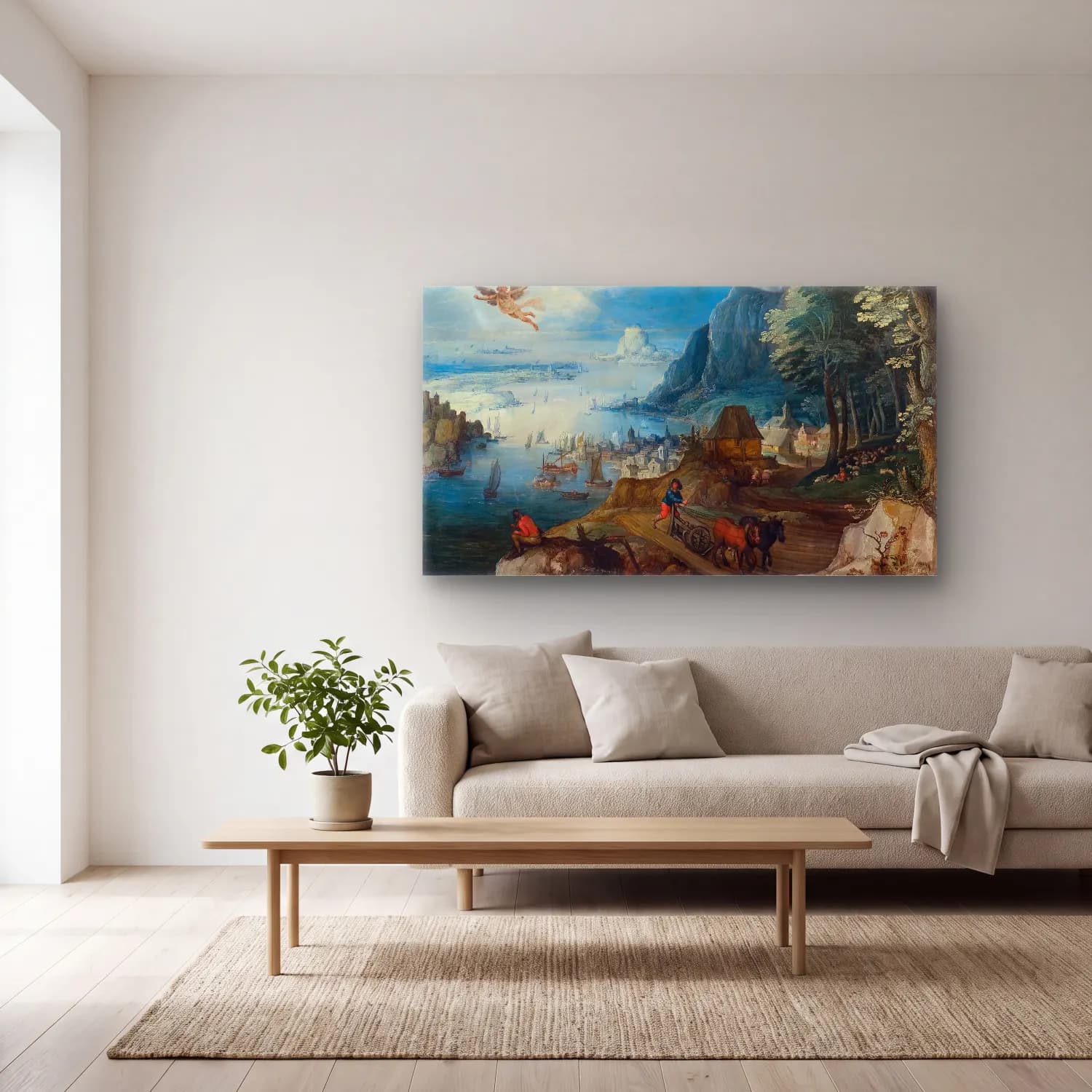 Joos de Momper – Landscape with the Fall of Icarus cam tablo — açık renk salonda