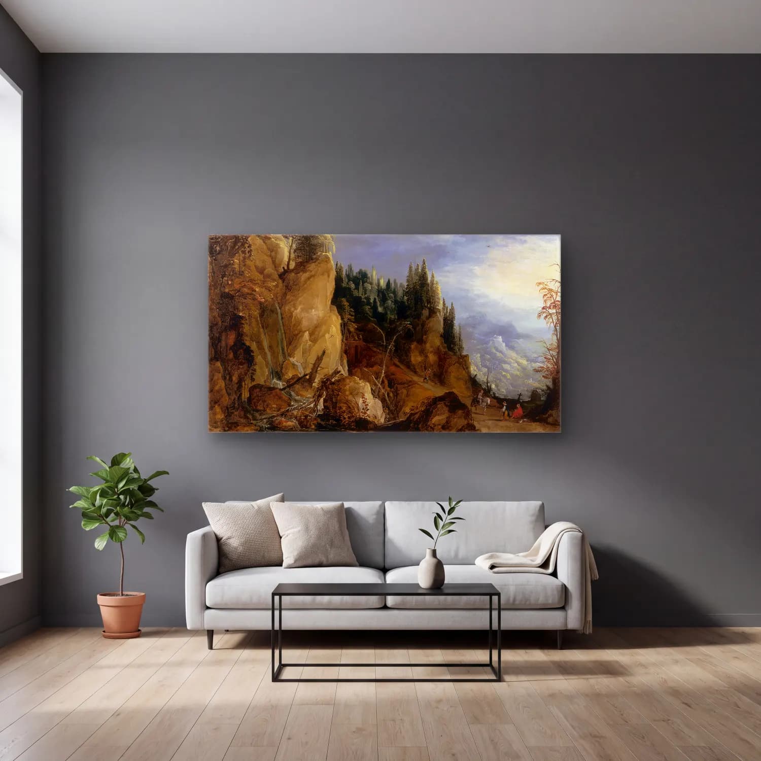Joos de Momper – Mountain Landscape cam tablo — gri duvarlı salonda