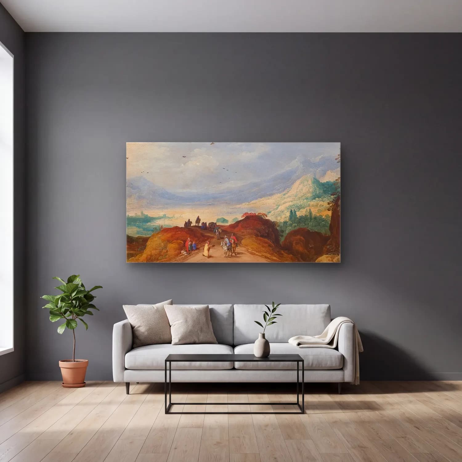 Joos de Momper – Mountain Landscape with a Lake cam tablo — gri duvarlı salonda