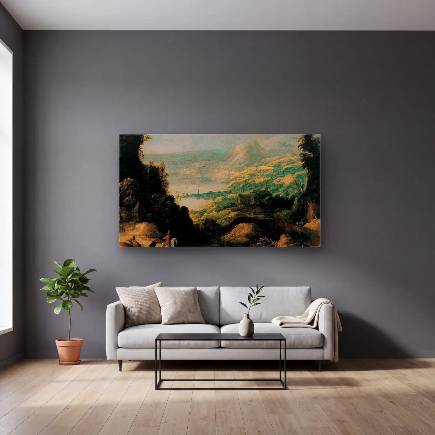 Joos de Momper – Mountain Landscape – Yeşil Tonlar cam tablo — gri duvarlı salonda