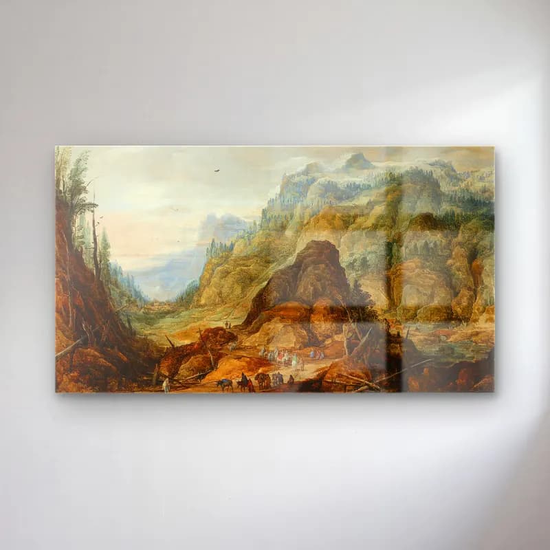 Joos de Momper – Mountain landscape with a caravan cam tablo — Joos de Momper – Mountain landscape with a caravan — yağlı boya dağ manzarası