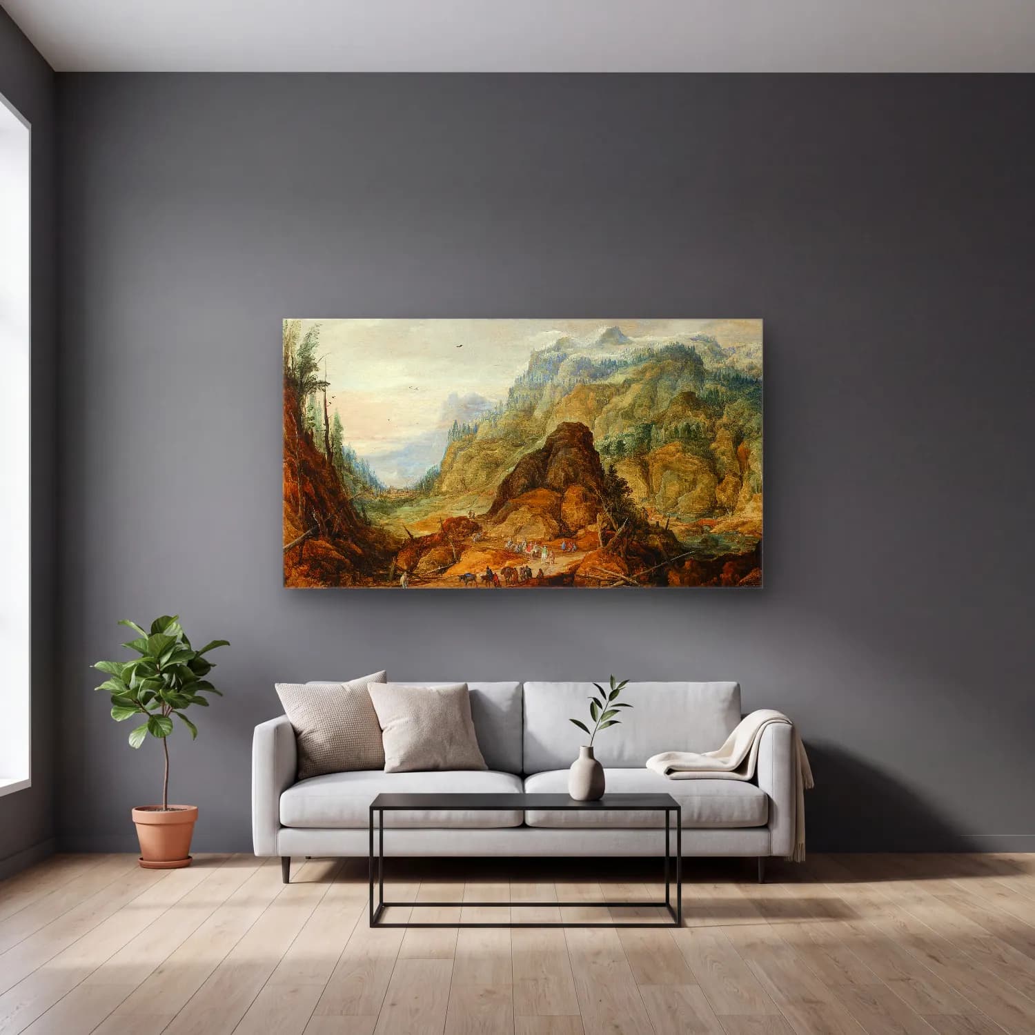 Joos de Momper – Mountain landscape with a caravan cam tablo — gri duvarlı salonda