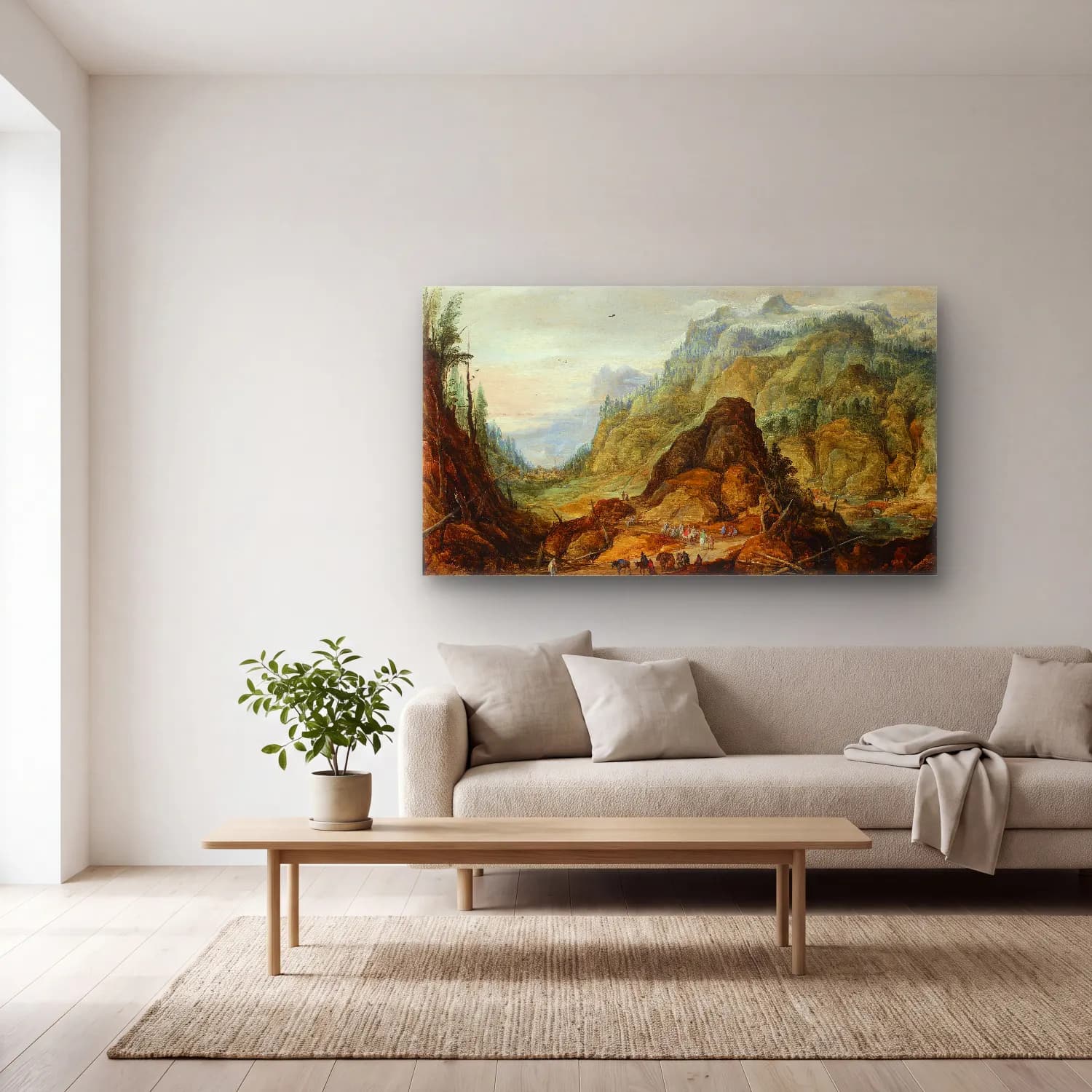 Joos de Momper – Mountain landscape with a caravan cam tablo — açık renk salonda