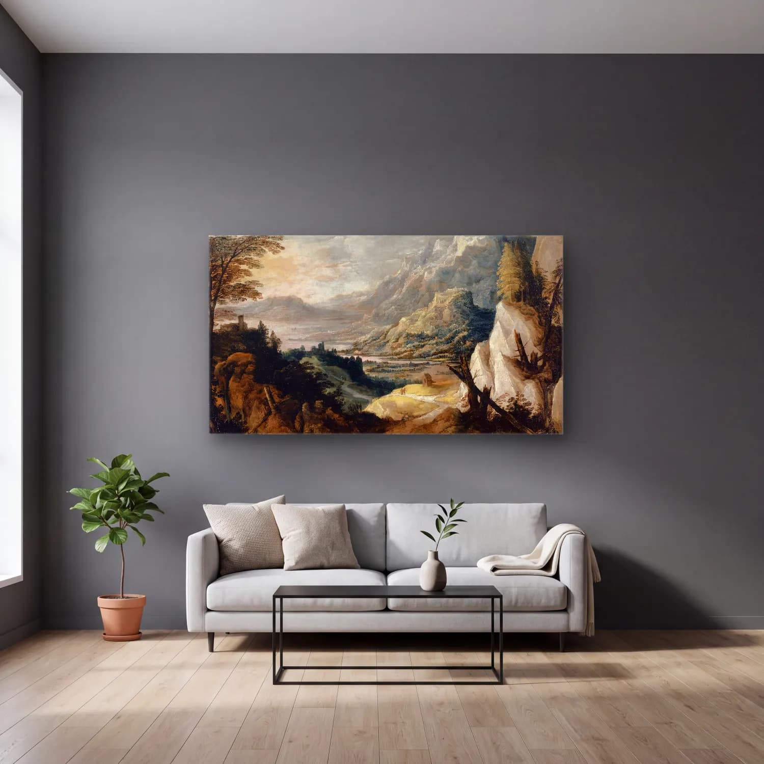 Joos de Momper – Mountainous Landscape cam tablo — gri duvarlı salonda