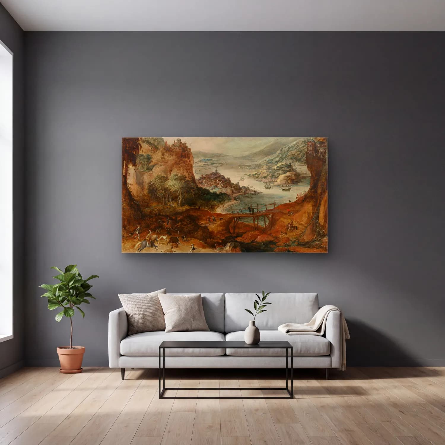Joos de Momper – River Landscape with Boar Hunt cam tablo — gri duvarlı salonda