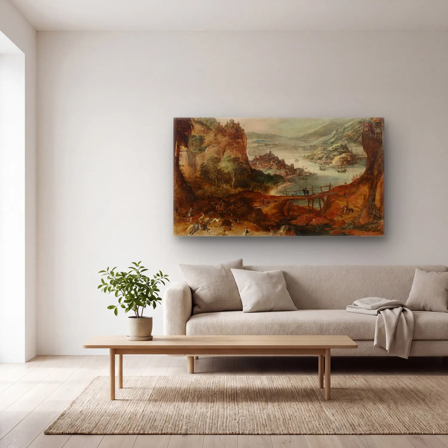 Joos de Momper – River Landscape with Boar Hunt cam tablo — açık renk salonda