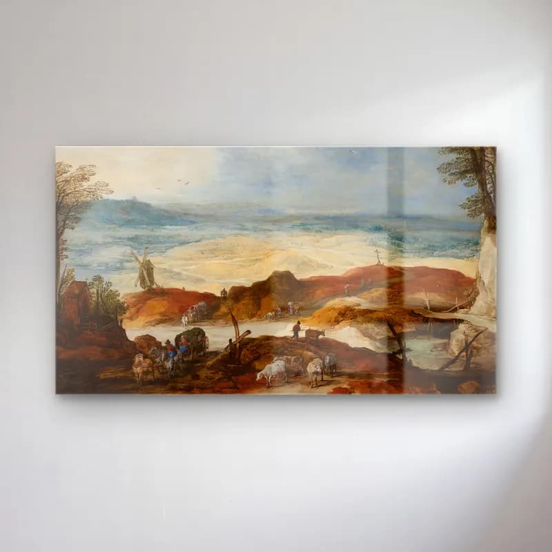 Joos de Momper – Sandy landscape with travellers and cattle cam tablo — Joos de Momper – Sandy landscape with travellers and cattle — yağlı boya karlı kış manzarası