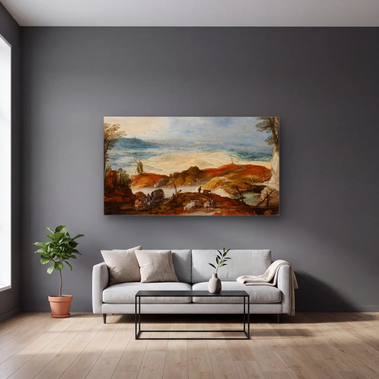 Joos de Momper – Sandy landscape with travellers and cattle cam tablo — gri duvarlı salonda