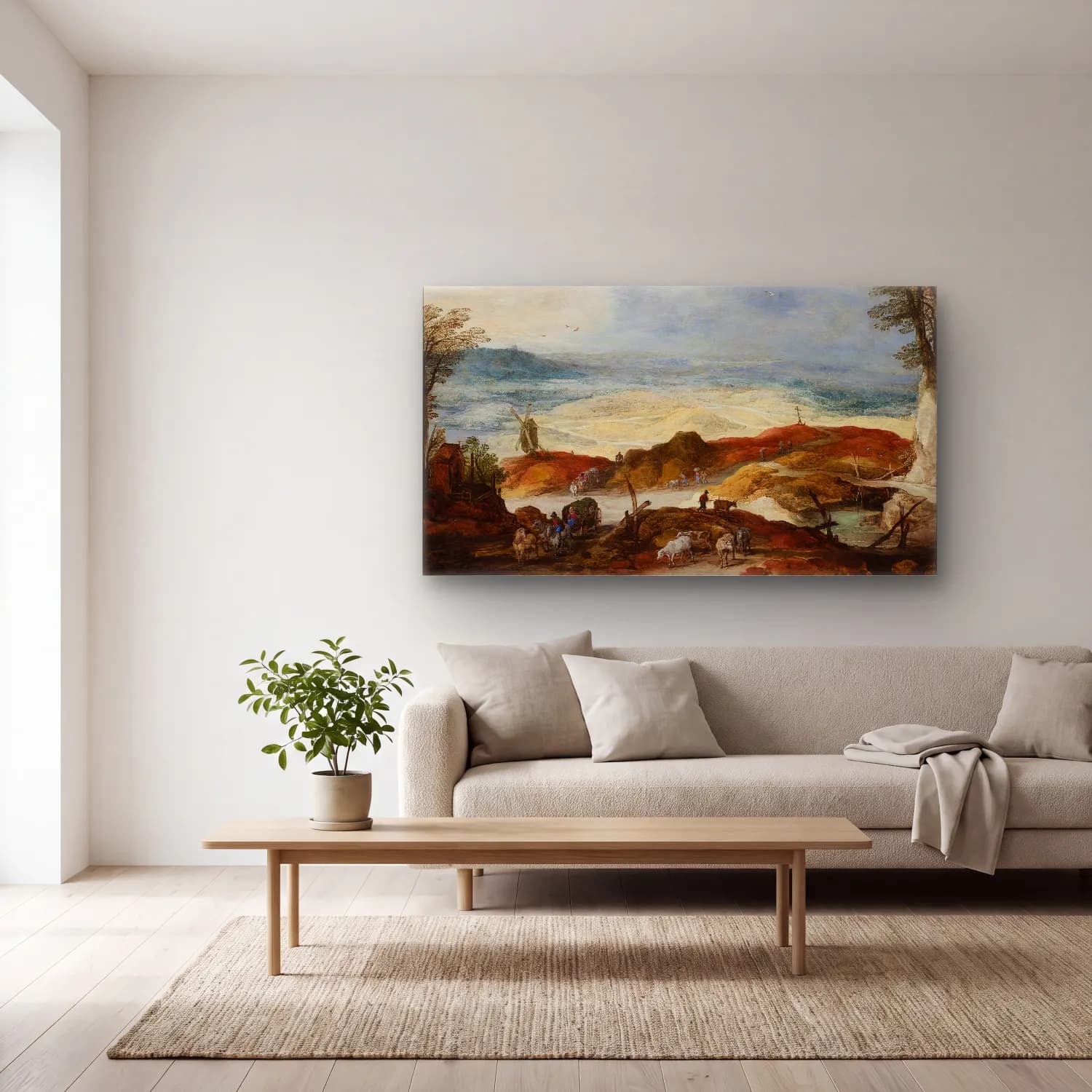 Joos de Momper – Sandy landscape with travellers and cattle cam tablo — açık renk salonda