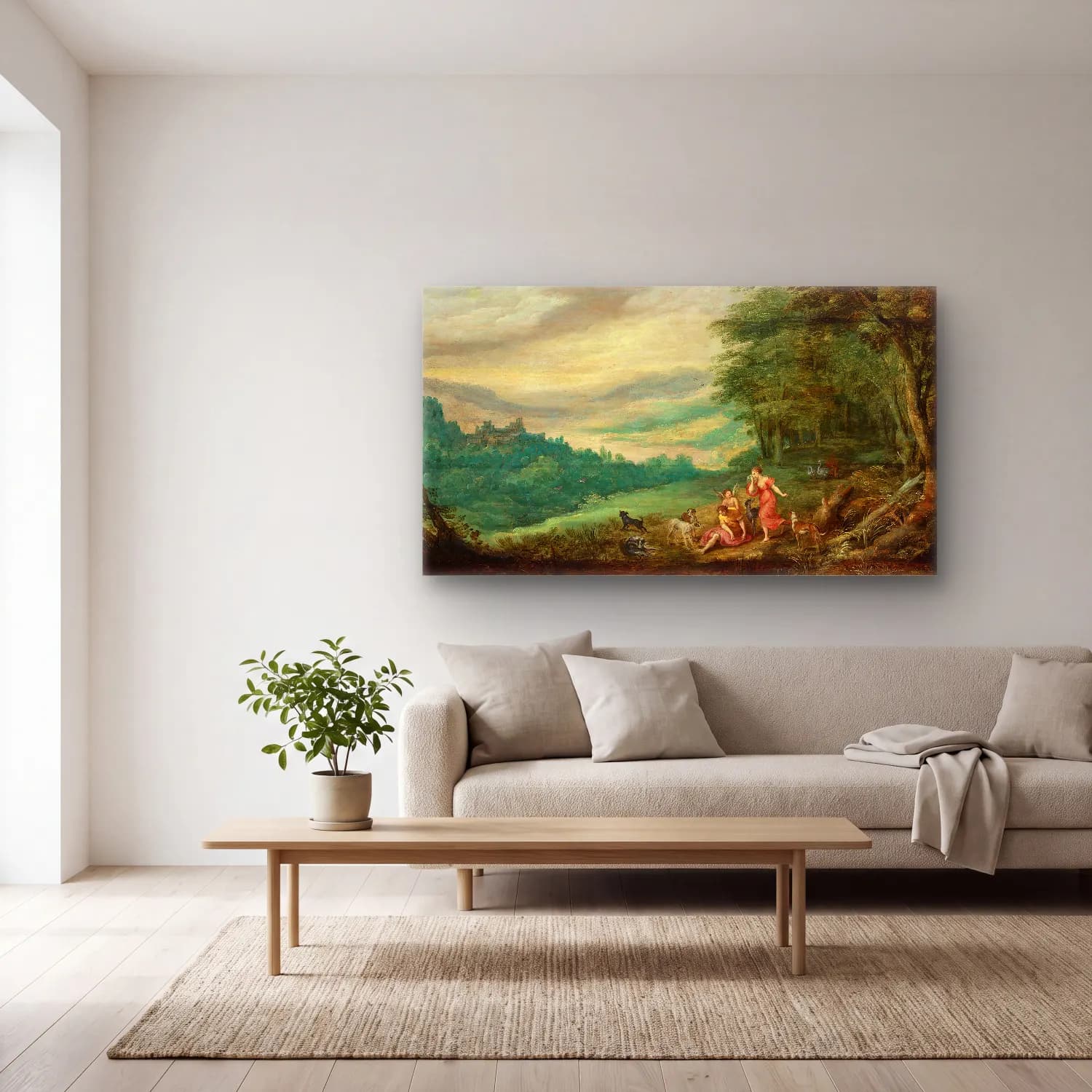 Joos de Momper – Venus Mourning Adonis In A Panoramic Wooded Landscape cam tablo — açık renk salonda