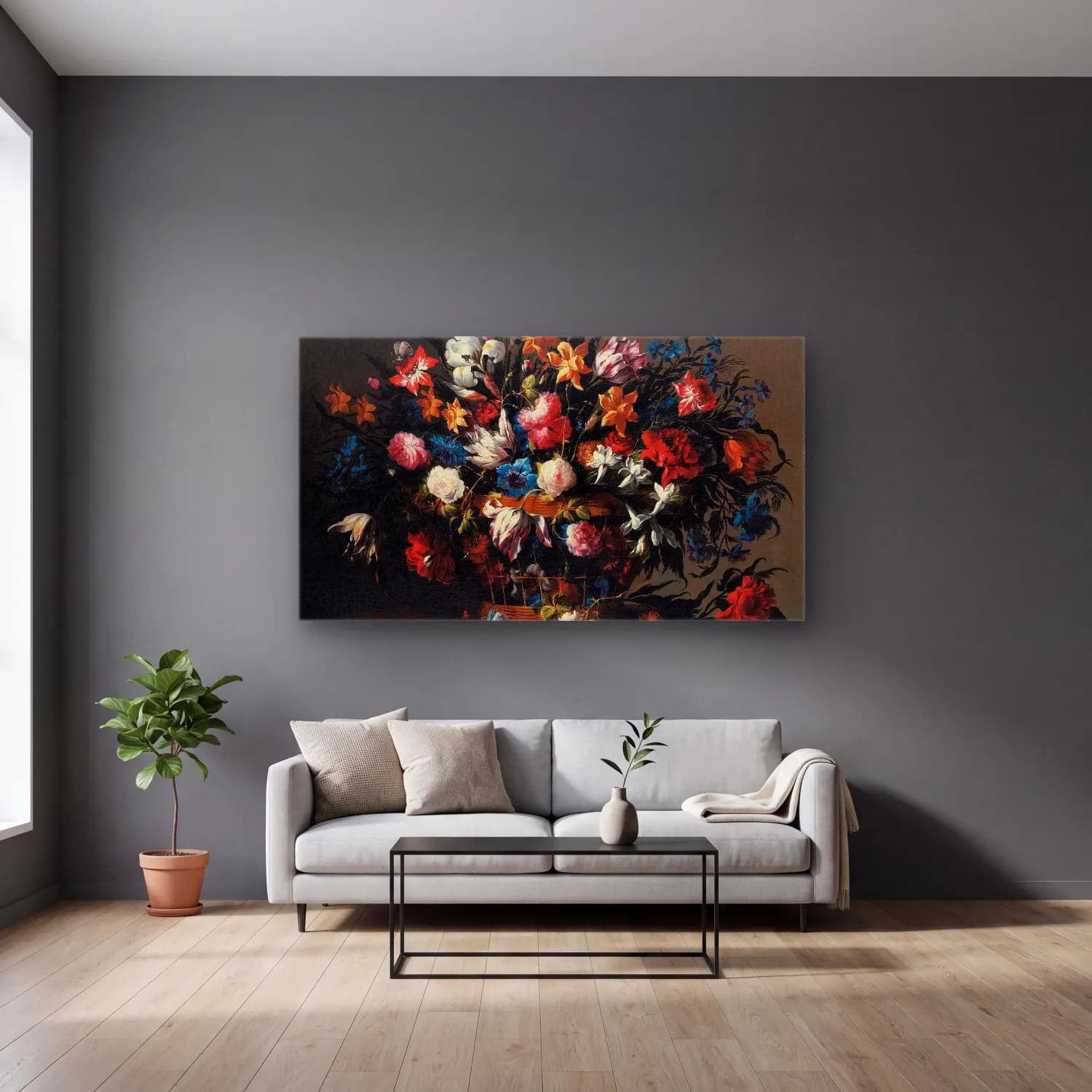 Juan de Arellano – Small Basket of Flowers cam tablo — gri duvarlı salonda