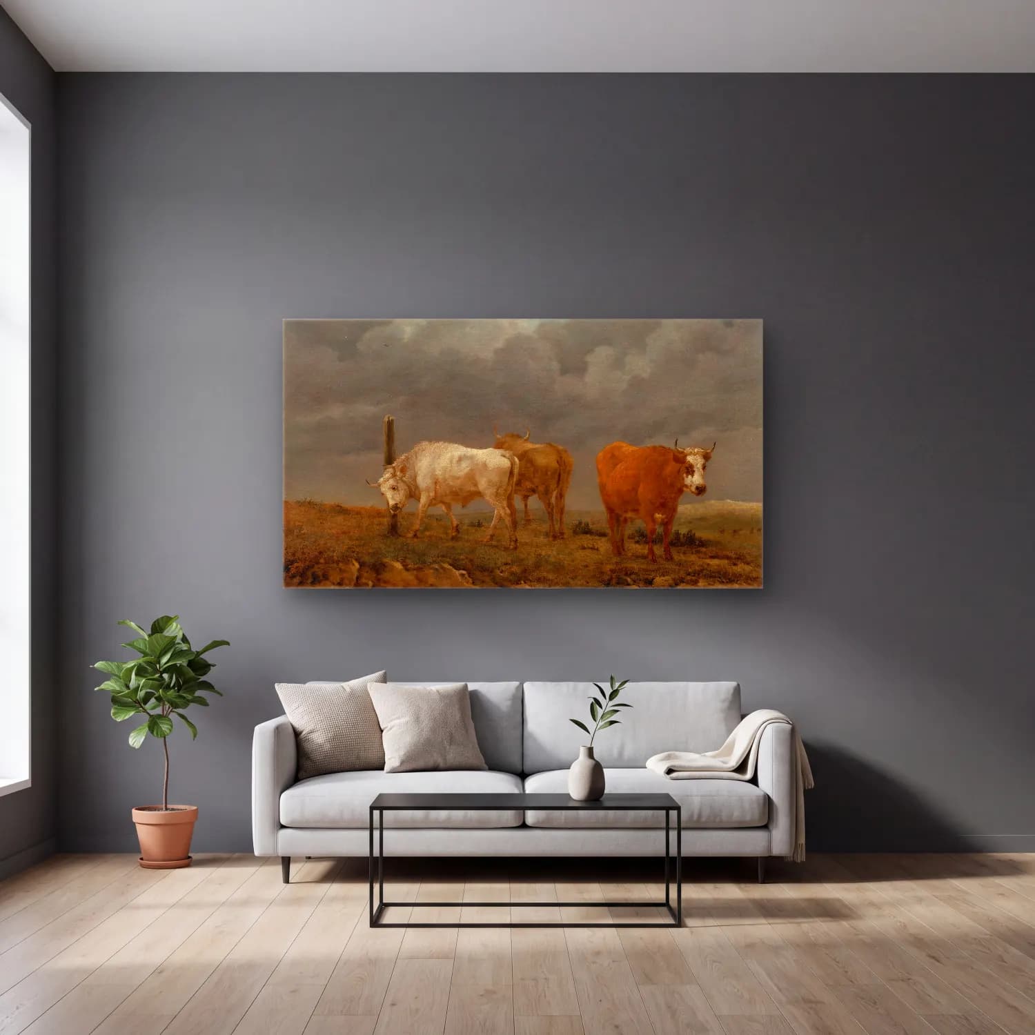 Karel Dujardin – A landscape with cattle cam tablo — gri duvarlı salonda