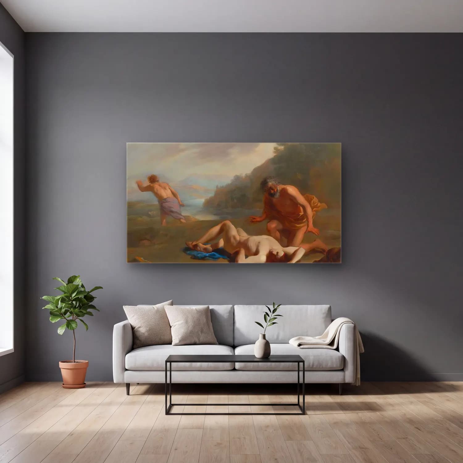 Karel Dujardin – Cain And Abel cam tablo — gri duvarlı salonda