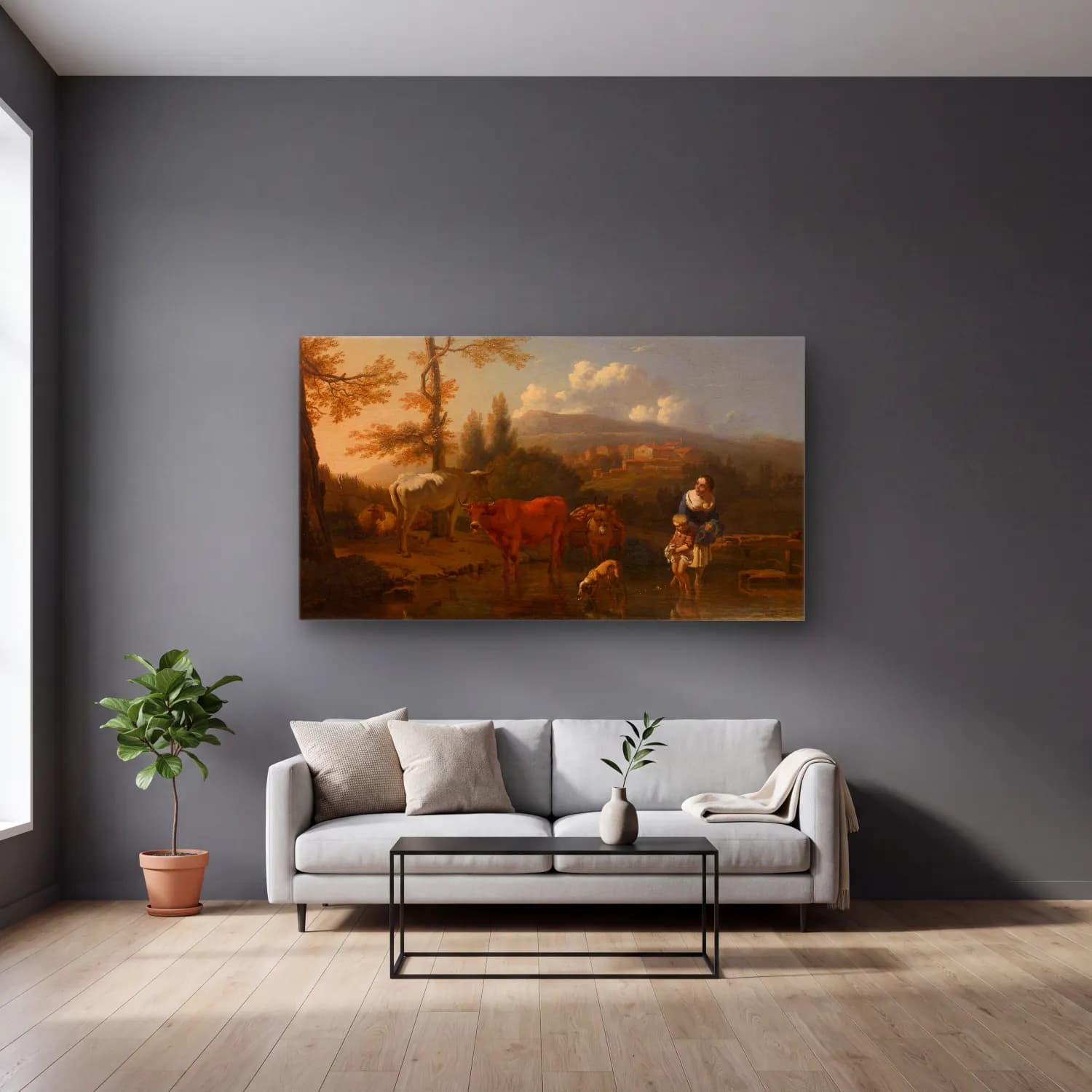 Karel Dujardin – Italian Landscape cam tablo — gri duvarlı salonda