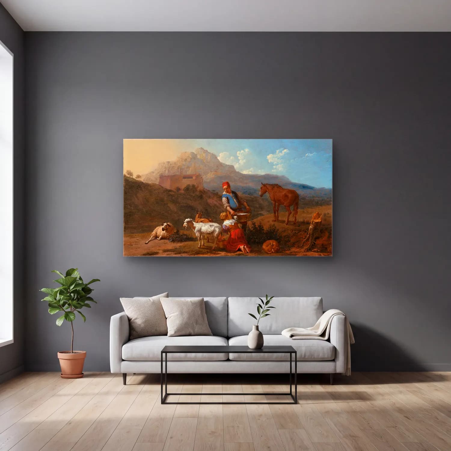 Karel Dujardin – Italian Landscape with Girl Milking a Goat cam tablo — gri duvarlı salonda