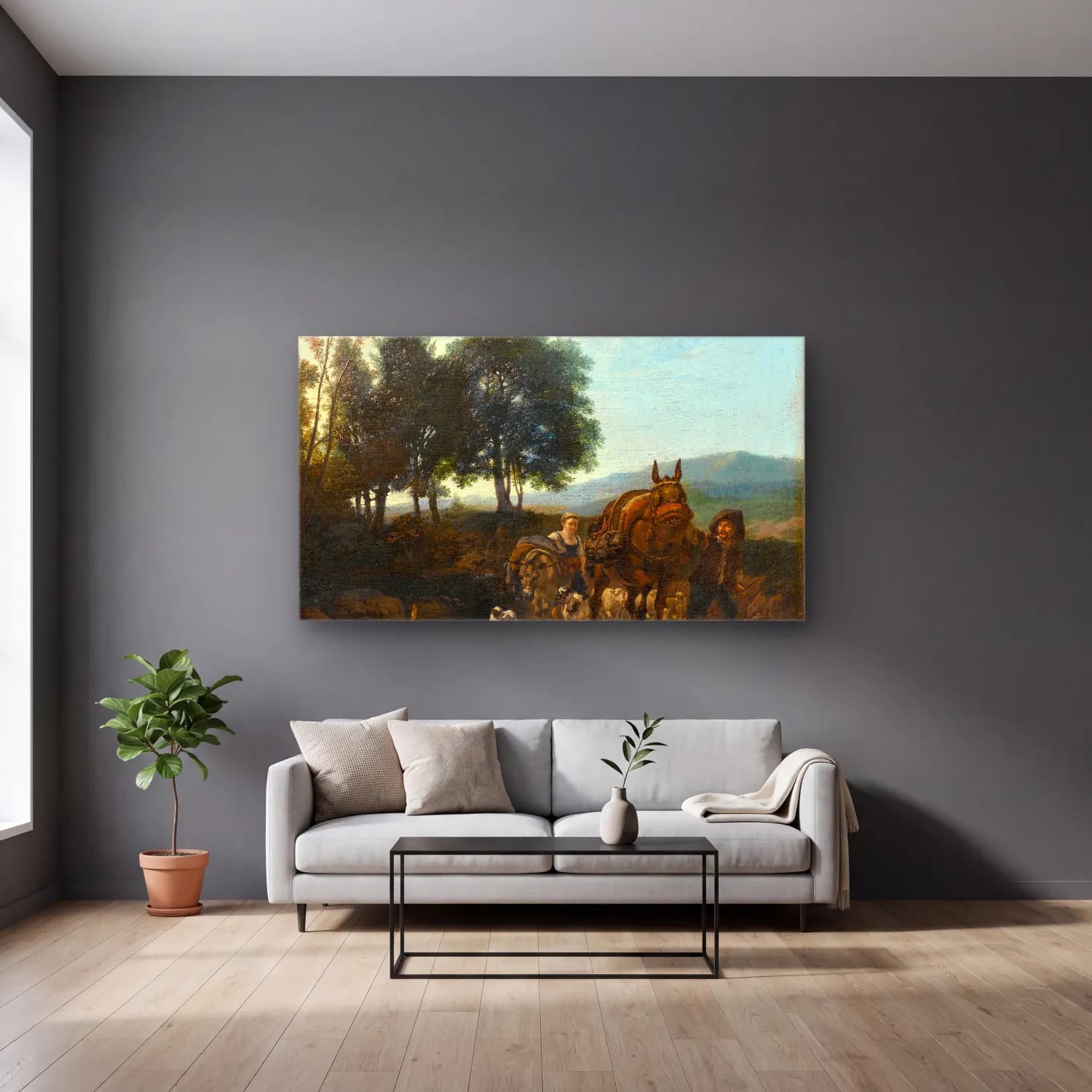 Karel Dujardin – Landscape with Mule Driver cam tablo — gri duvarlı salonda