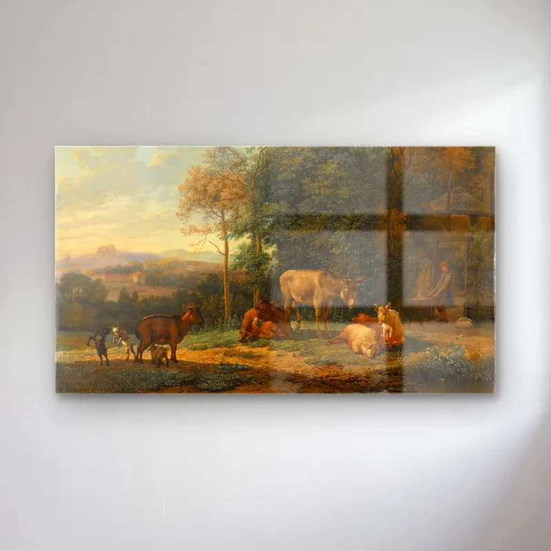 Karel Dujardin – Landscape with Two Donkeys, Goats and Pigs cam tablo — Karel Dujardin – Landscape with Two Donkeys, Goats and Pigs — yağlı boya i̇nek