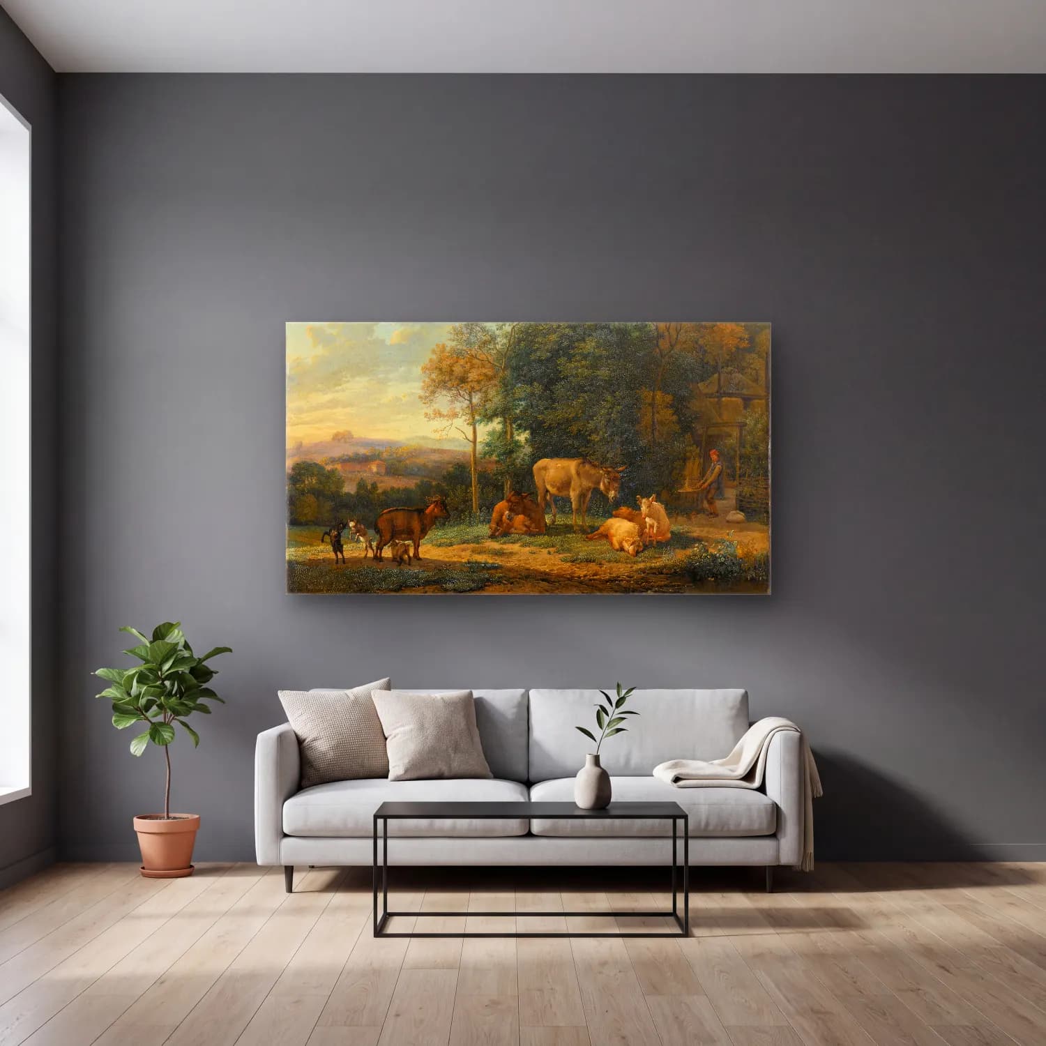Karel Dujardin – Landscape with Two Donkeys, Goats and Pigs cam tablo — gri duvarlı salonda