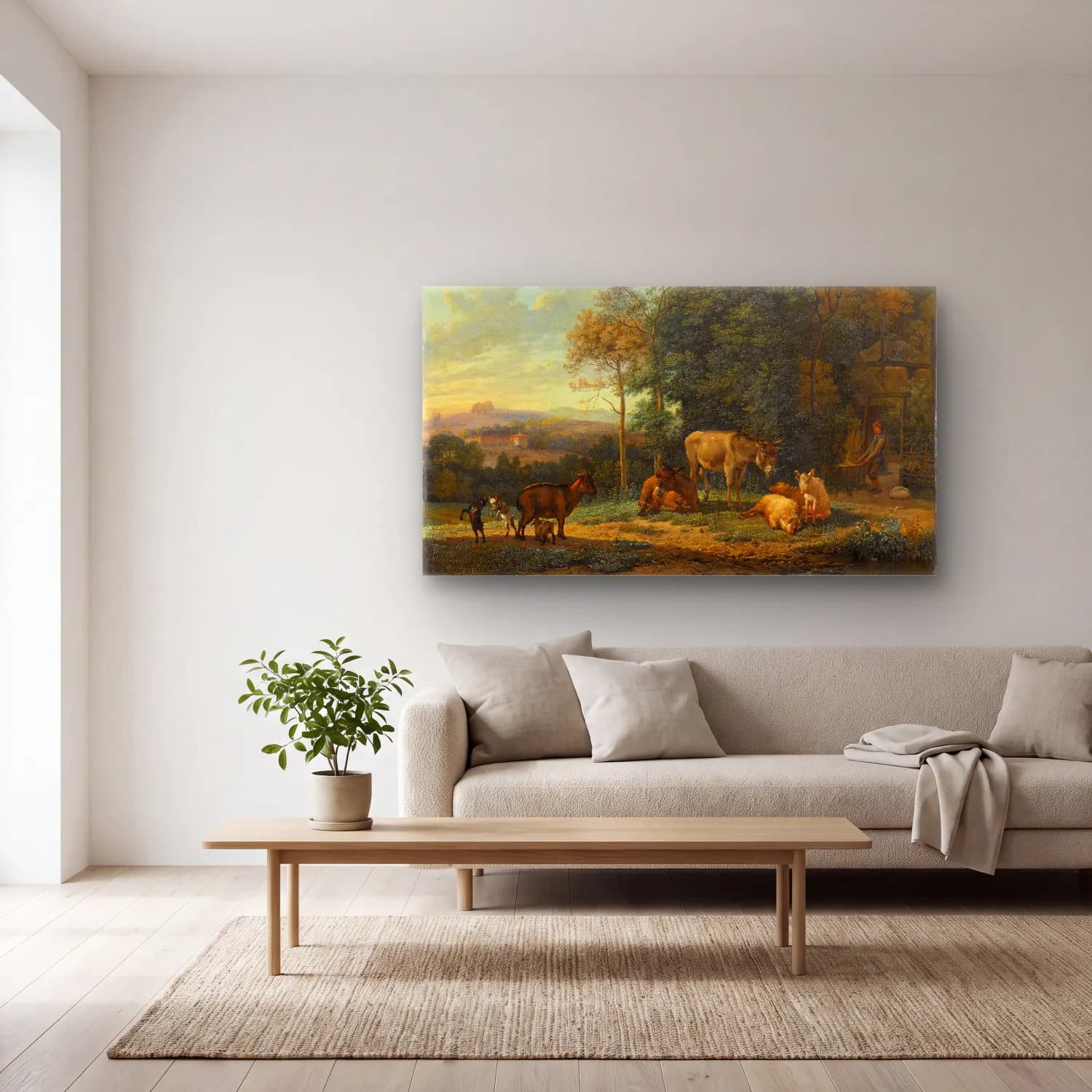 Karel Dujardin – Landscape with Two Donkeys, Goats and Pigs cam tablo — açık renk salonda
