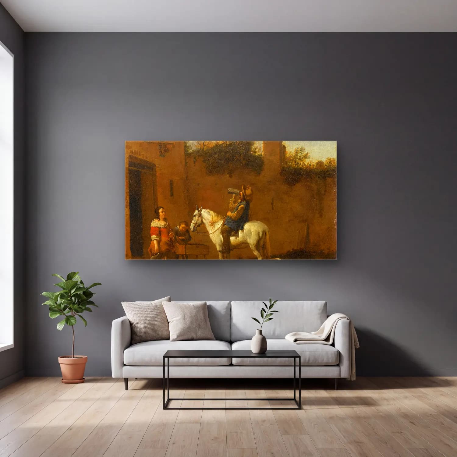 Karel Dujardin – Mounted Trumpeter taking a Drink cam tablo — gri duvarlı salonda