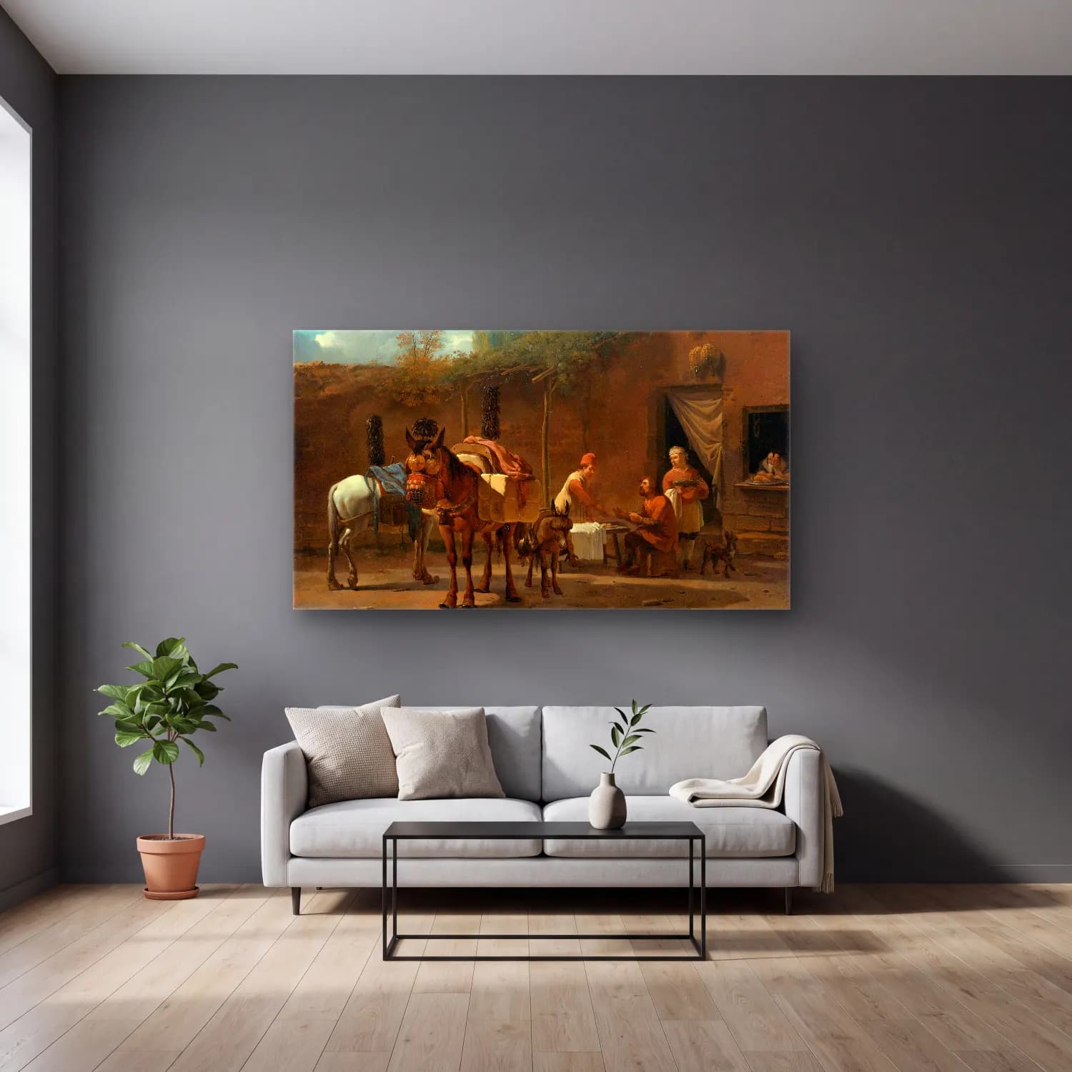 Karel Dujardin – Muleteers at an Inn cam tablo — gri duvarlı salonda
