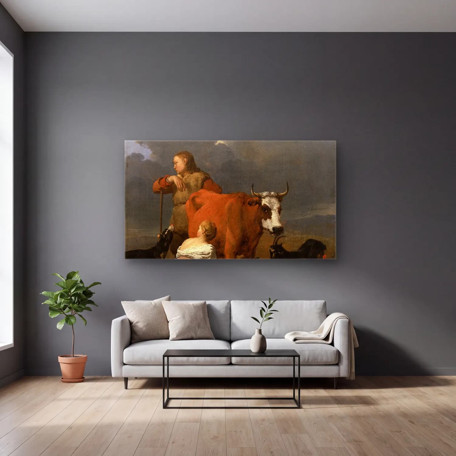 Karel Dujardin – Peasant Girl Milking a Cow cam tablo — gri duvarlı salonda