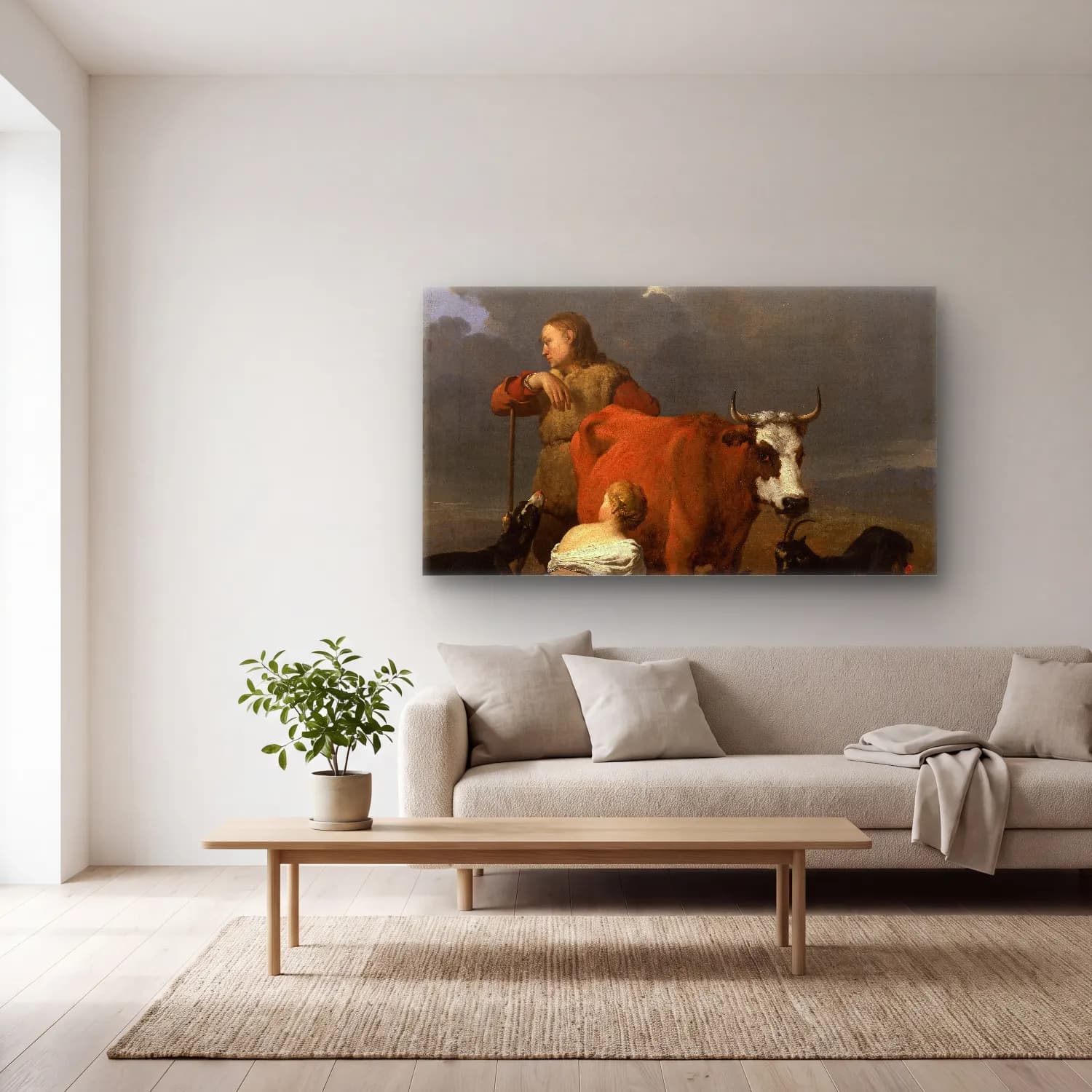 Karel Dujardin – Peasant Girl Milking a Cow cam tablo — açık renk salonda