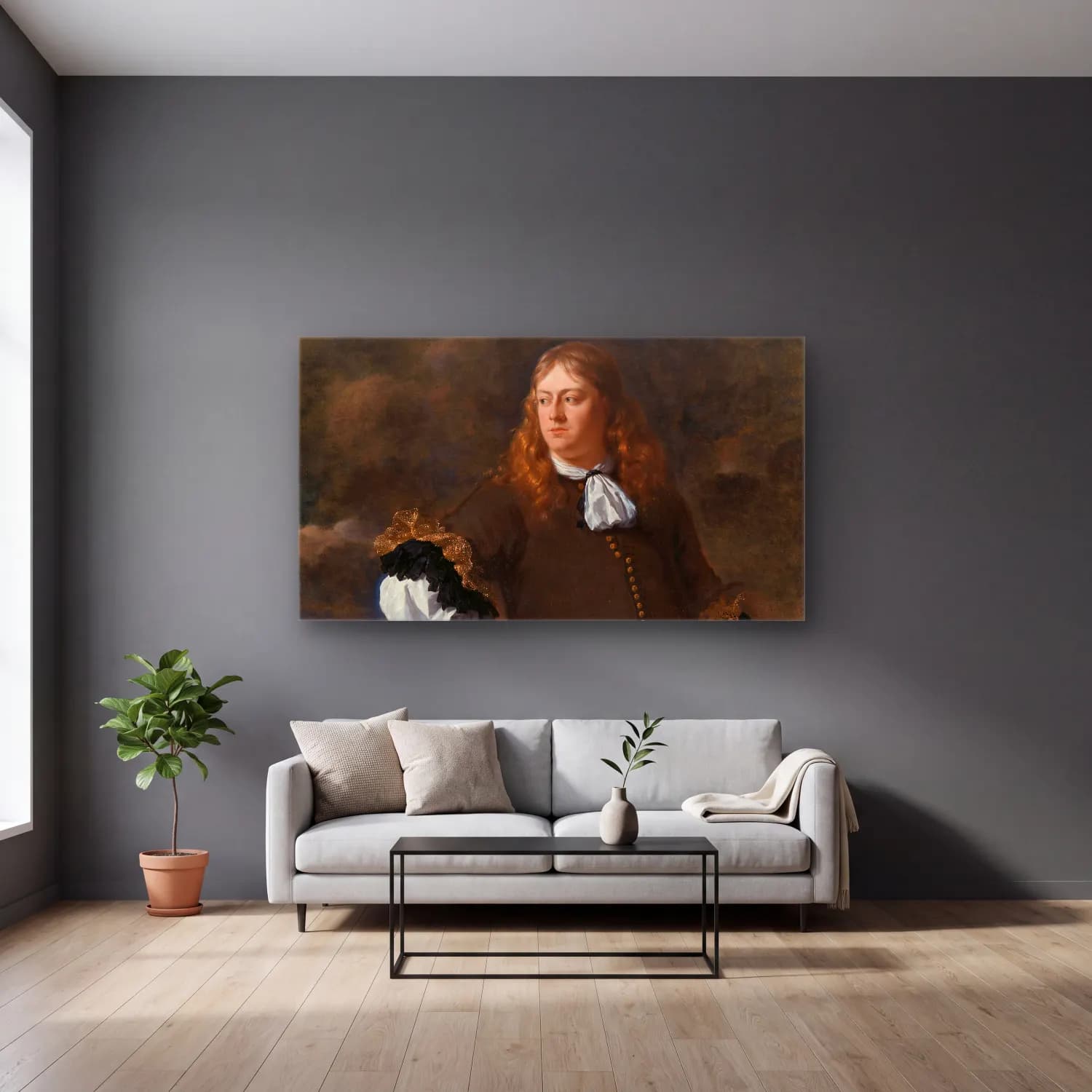 Karel Dujardin – Portrait of a Man cam tablo — gri duvarlı salonda
