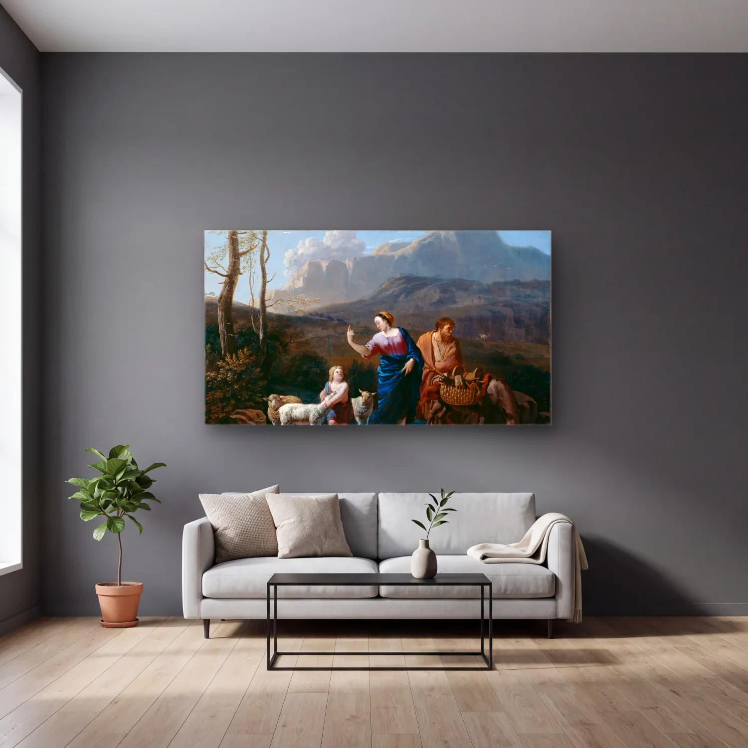 Karel Dujardin – Return of the Holy Family from Egypt cam tablo — gri duvarlı salonda