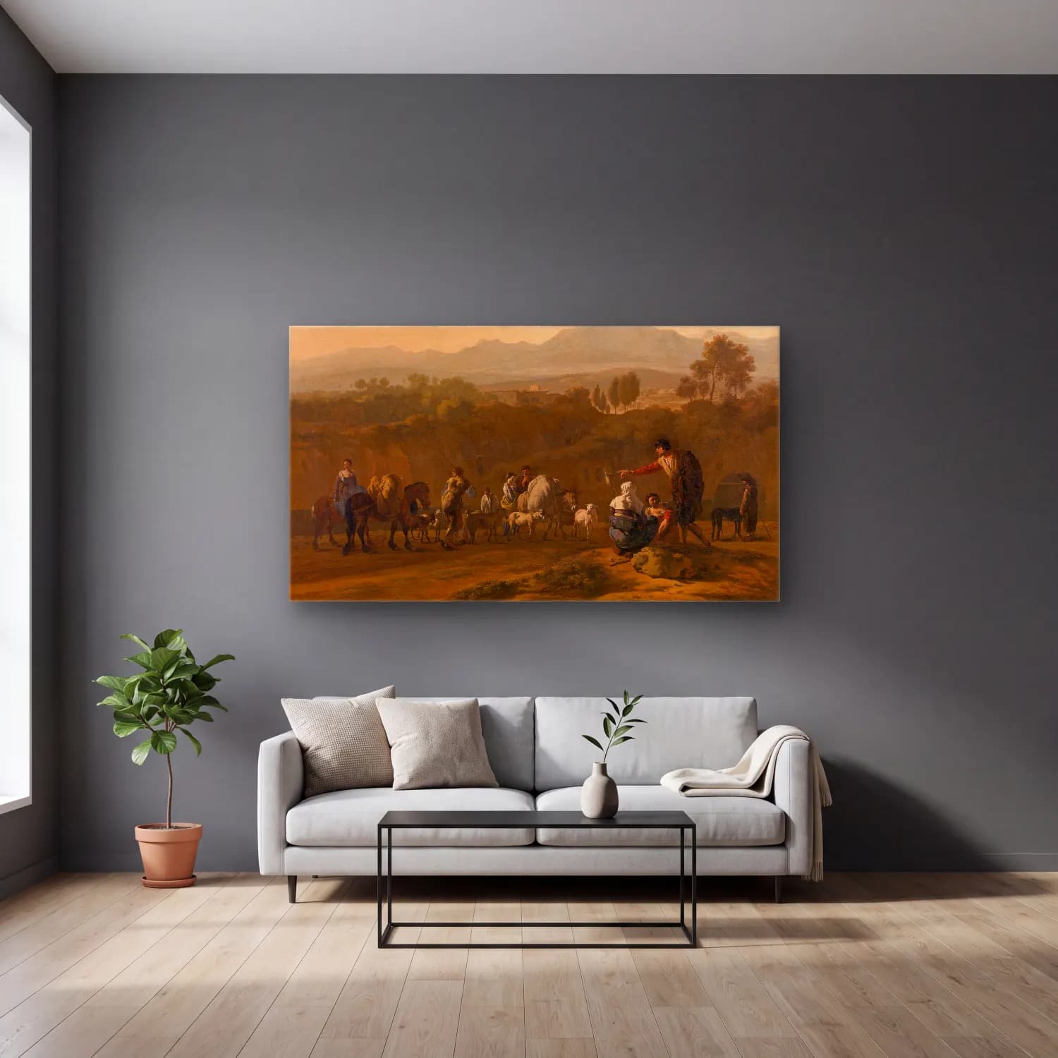 Karel Dujardin – Roman Campagna cam tablo — gri duvarlı salonda