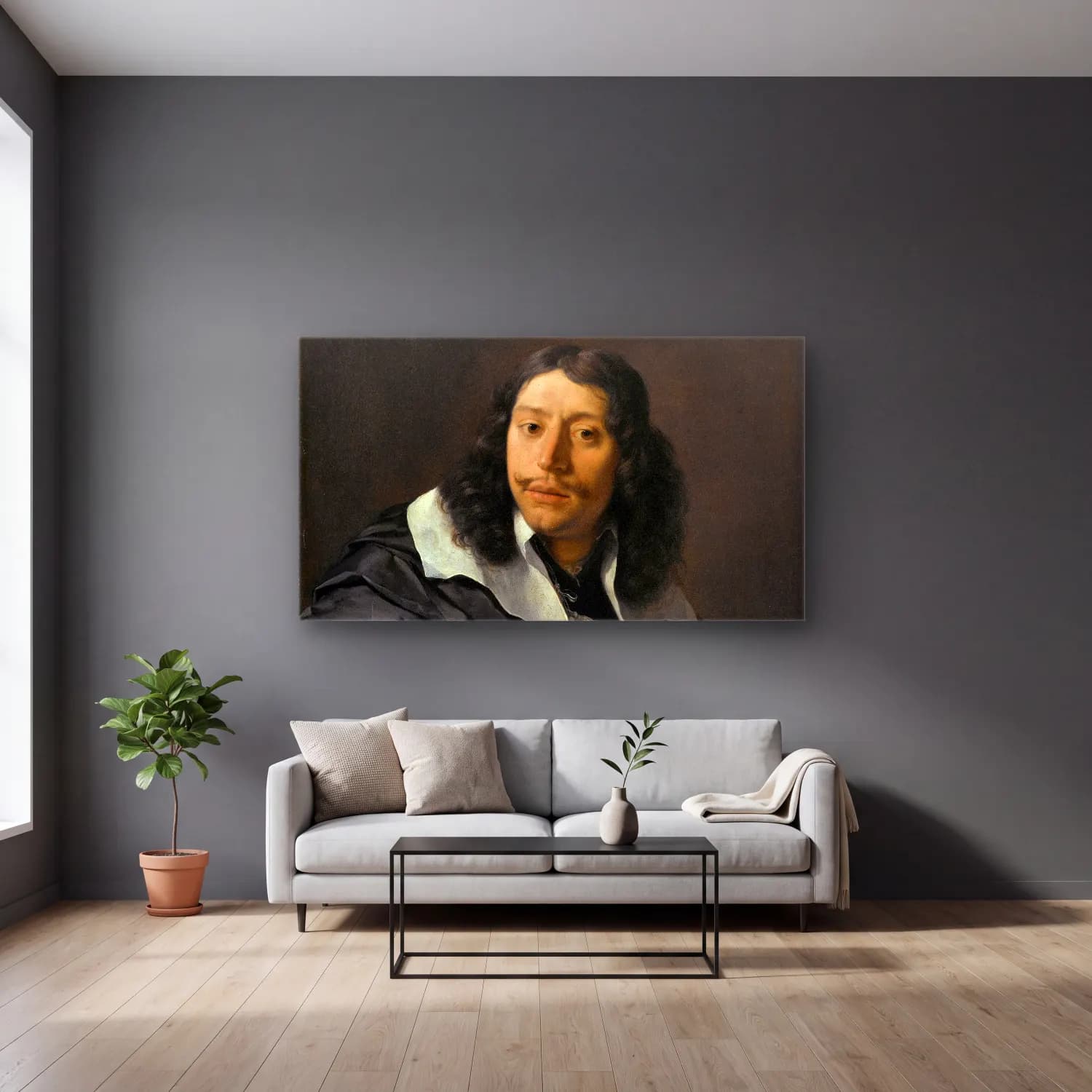 Karel Dujardin – Self-portrait cam tablo — gri duvarlı salonda