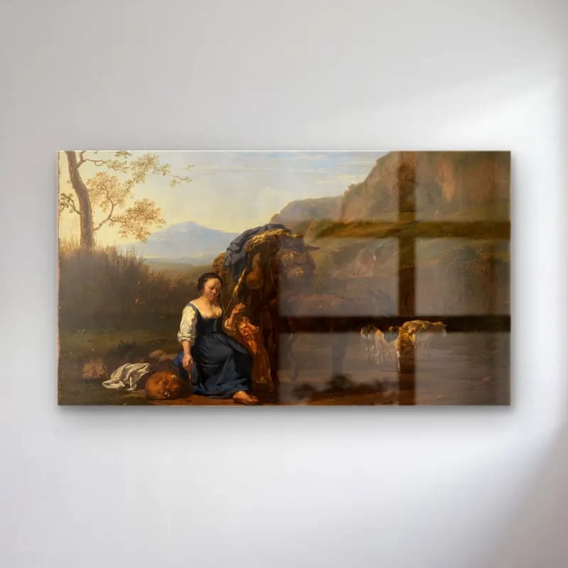 Karel Dujardin – Spinnende Bäuerin in italienischer Berglandschaft cam tablo — Karel Dujardin – Spinnende Bäuerin in italienischer Berglandschaft — yağlı boya anne ve çocuk