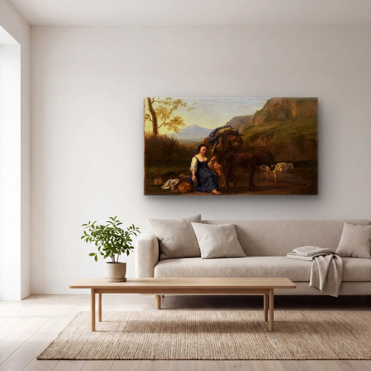 Karel Dujardin – Spinnende Bäuerin in italienischer Berglandschaft cam tablo — açık renk salonda