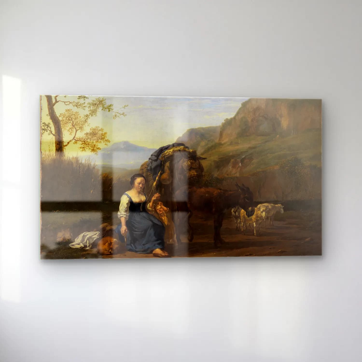 Karel Dujardin – Spinnende Bäuerin in italienischer Berglandschaft cam tablo — sol açıdan görünüm