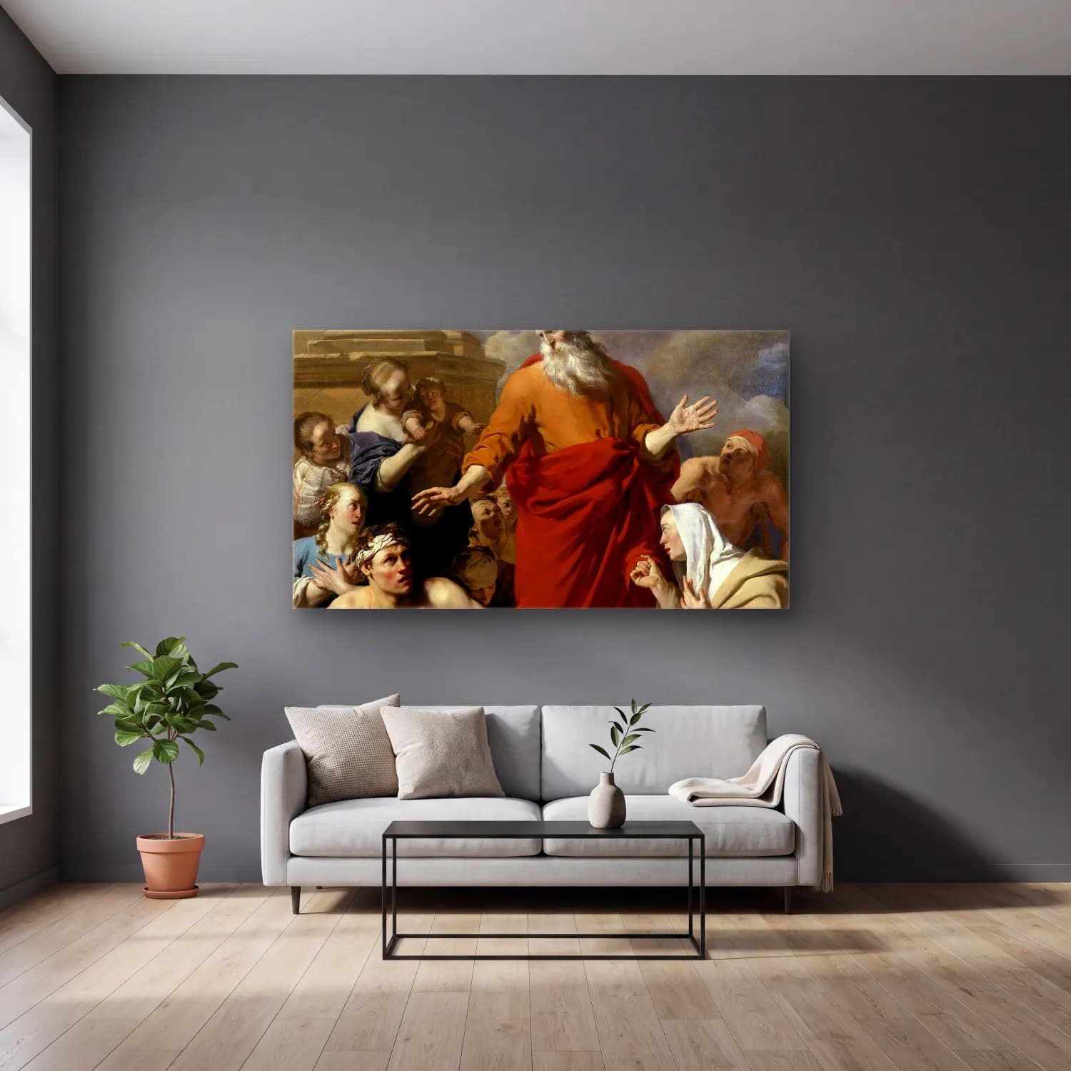 Karel Dujardin – St Paul Healing the Cripple at Lystra cam tablo — gri duvarlı salonda