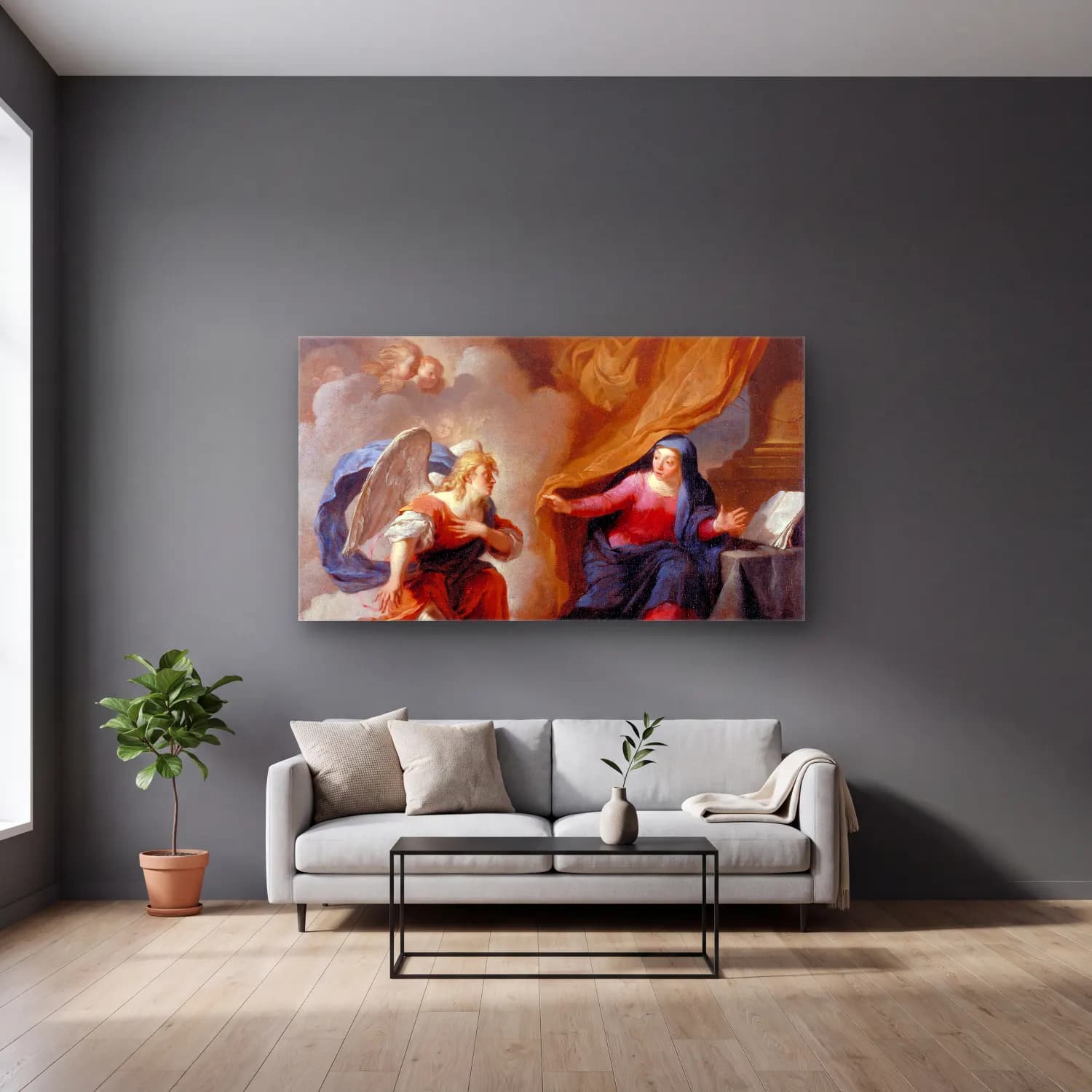 Karel Dujardin – The Annunciation cam tablo — gri duvarlı salonda