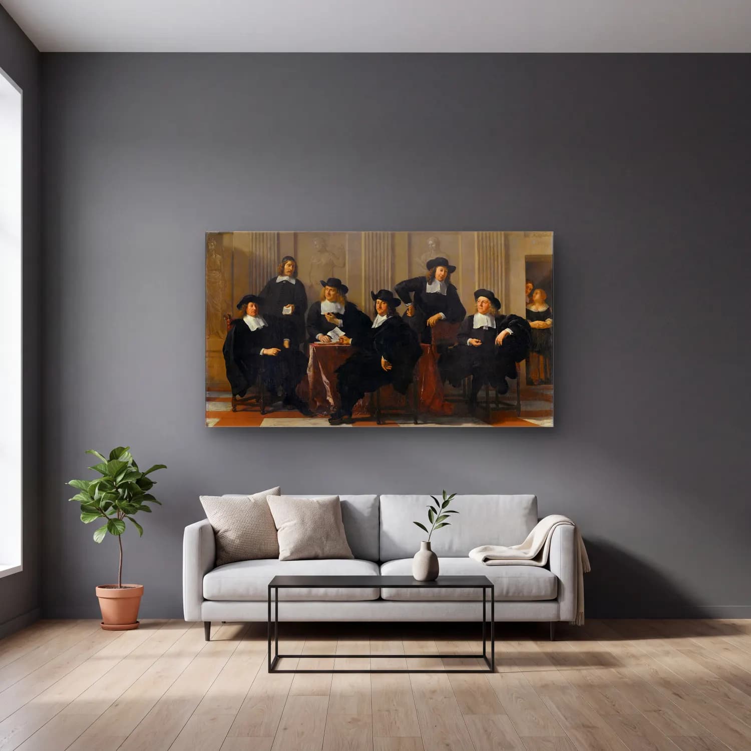 Karel Dujardin – The Regents of the Spinhuis and Nieuwe Werkhuis, Amsterdam cam tablo — gri duvarlı salonda