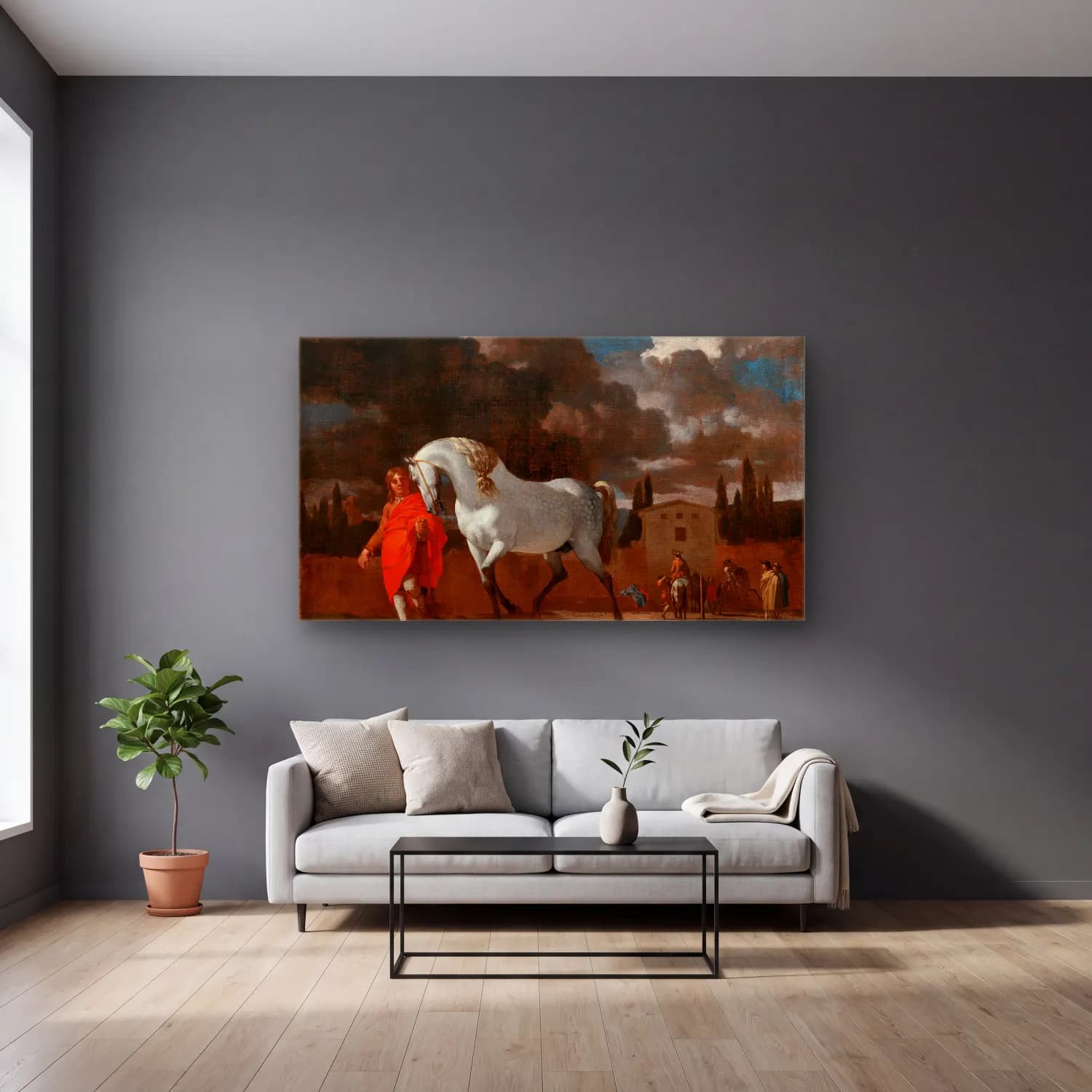 Karel Dujardin – The Riding School cam tablo — gri duvarlı salonda