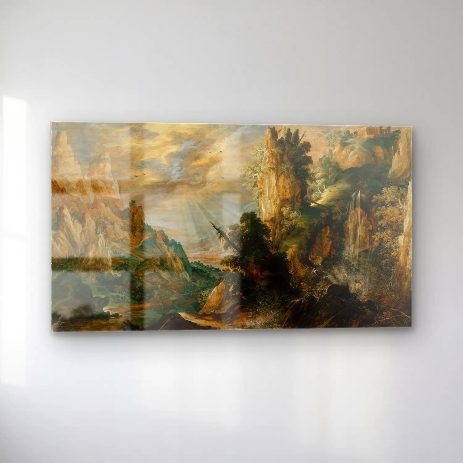 Kerstiaen de Keuninck – A Mountainous Landscape with a Waterfall (ca. 1600) cam tablo — sol açıdan görünüm