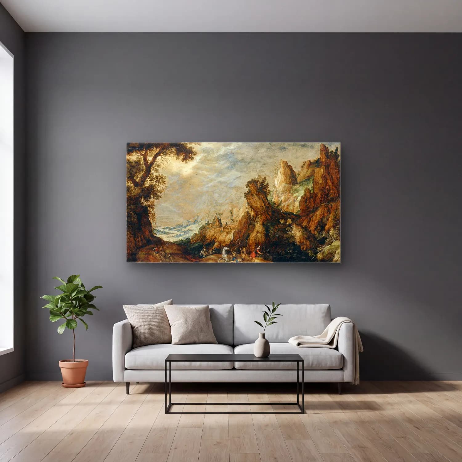 Kerstiaen de Keuninck – Landscape with Conversion of Saint Paul cam tablo — gri duvarlı salonda