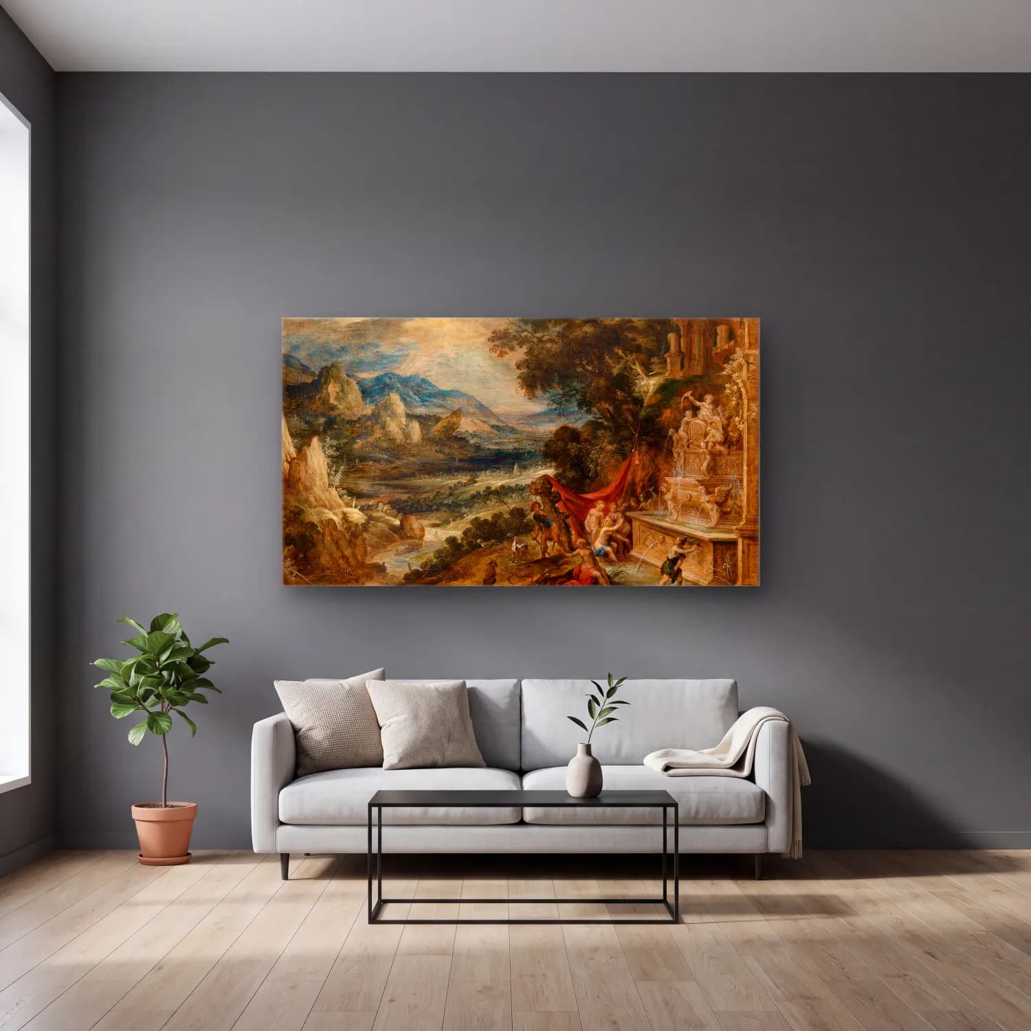 Kerstiaen de Keuninck – Landscape with Diana and Actaeon cam tablo — gri duvarlı salonda